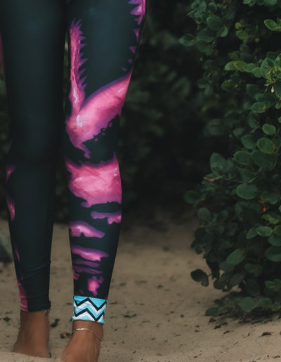 Barbara Brigido modeling the front view leg close up of the Toxic Yoga/Surf Leggings by Shark Tooth Surf Co. Photo by: Carson Grzegorczyk